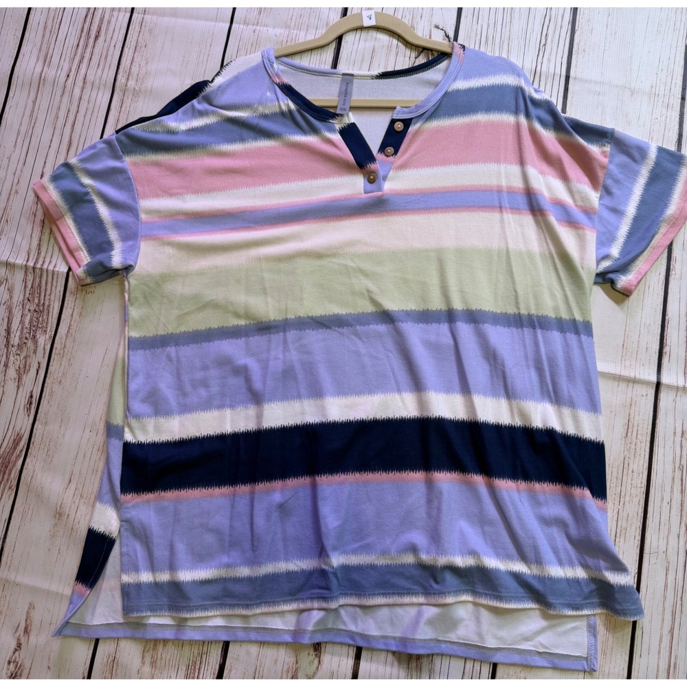 Honeyme Curvy Womens XXXL Multi Color Striped Henley Short Sleeve High Low Top